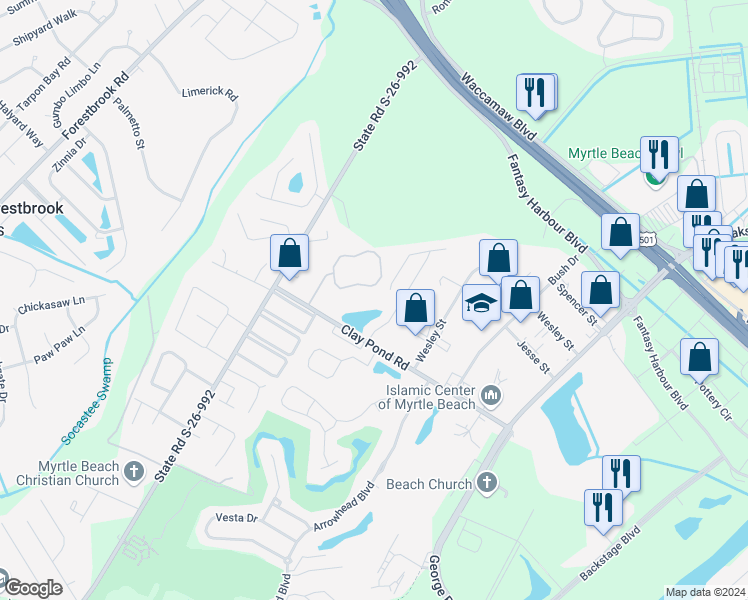 map of restaurants, bars, coffee shops, grocery stores, and more near 110 Fountain Pointe Lane in Myrtle Beach