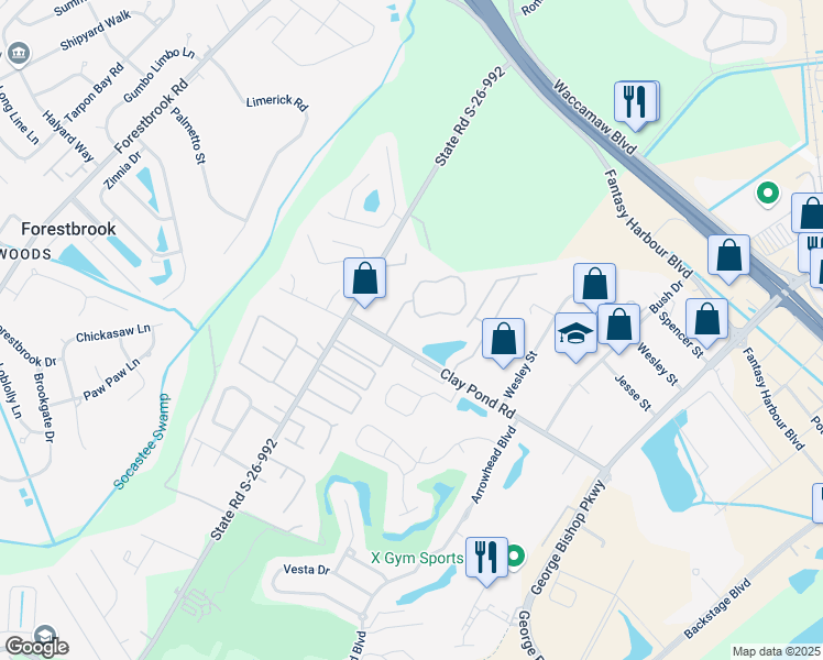 map of restaurants, bars, coffee shops, grocery stores, and more near 101 Fountain Pointe Lane in Myrtle Beach