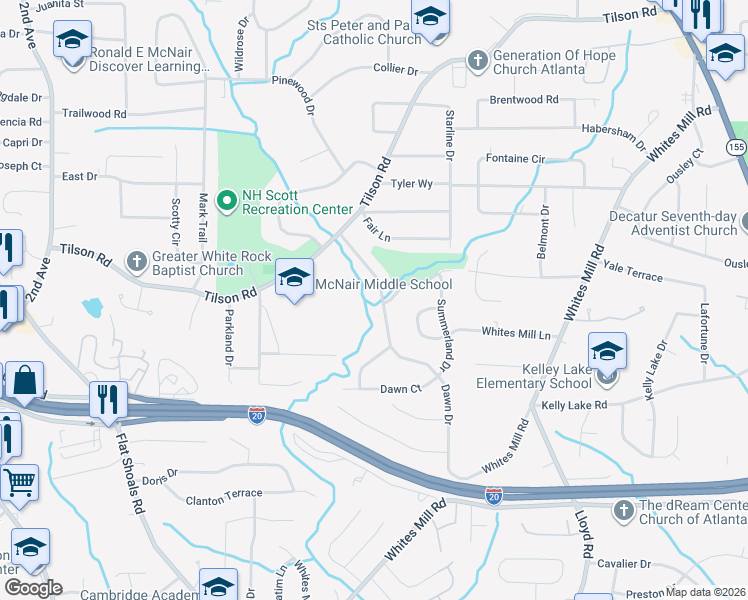 map of restaurants, bars, coffee shops, grocery stores, and more near 2417 Dawn Drive in Decatur