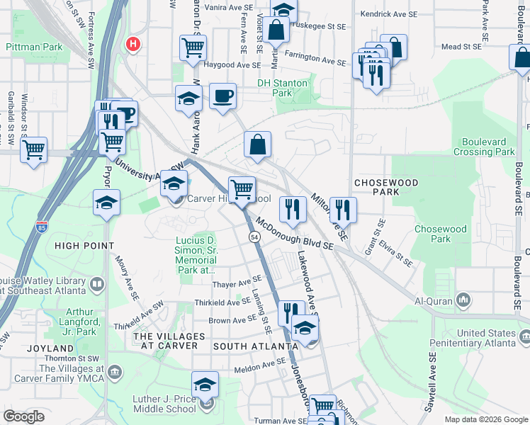 map of restaurants, bars, coffee shops, grocery stores, and more near 129 McDonough Boulevard Southeast in Atlanta