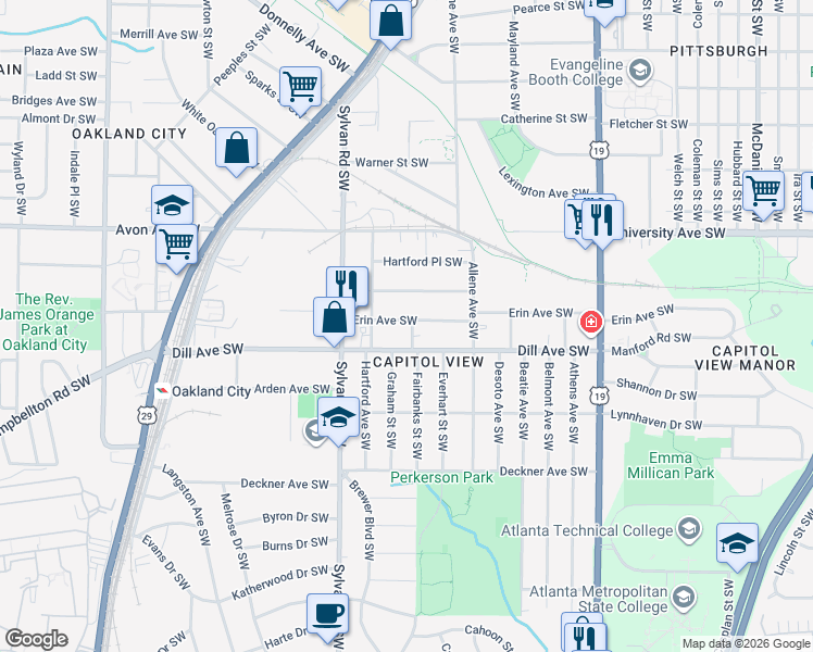 map of restaurants, bars, coffee shops, grocery stores, and more near 1315 Fairbanks Street Southwest in Atlanta