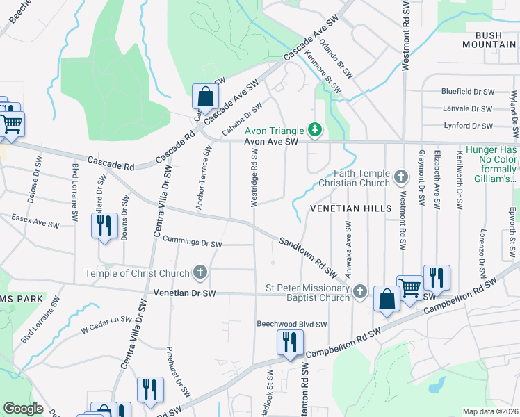 map of restaurants, bars, coffee shops, grocery stores, and more near 1345 Westridge Road Southwest in Atlanta