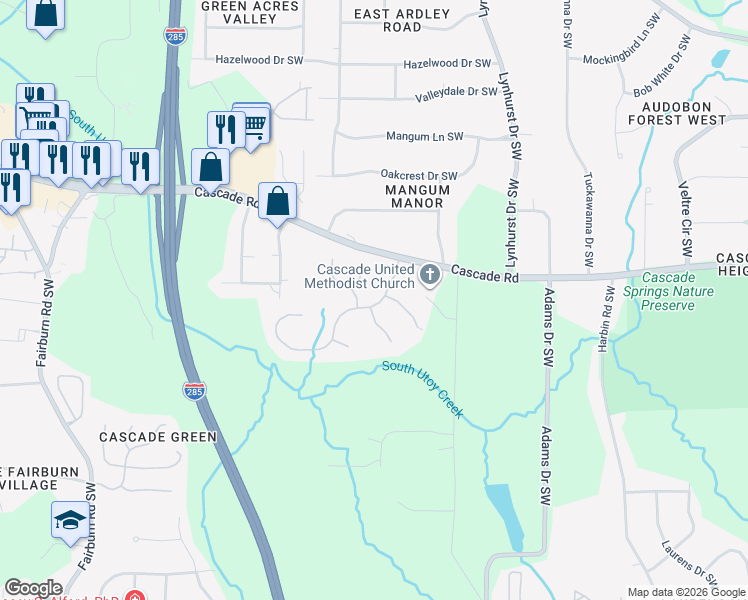 map of restaurants, bars, coffee shops, grocery stores, and more near 1342 High Falls Court Southwest in Atlanta