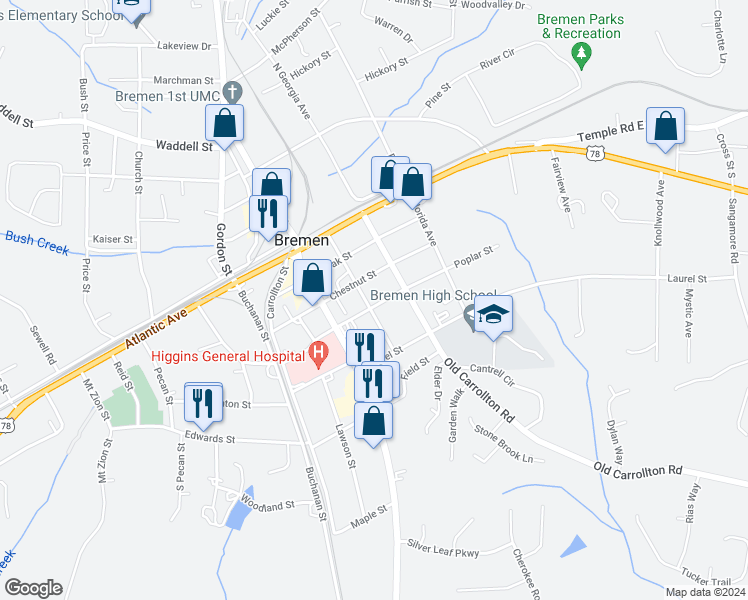 map of restaurants, bars, coffee shops, grocery stores, and more near 313 Poplar Street in Bremen