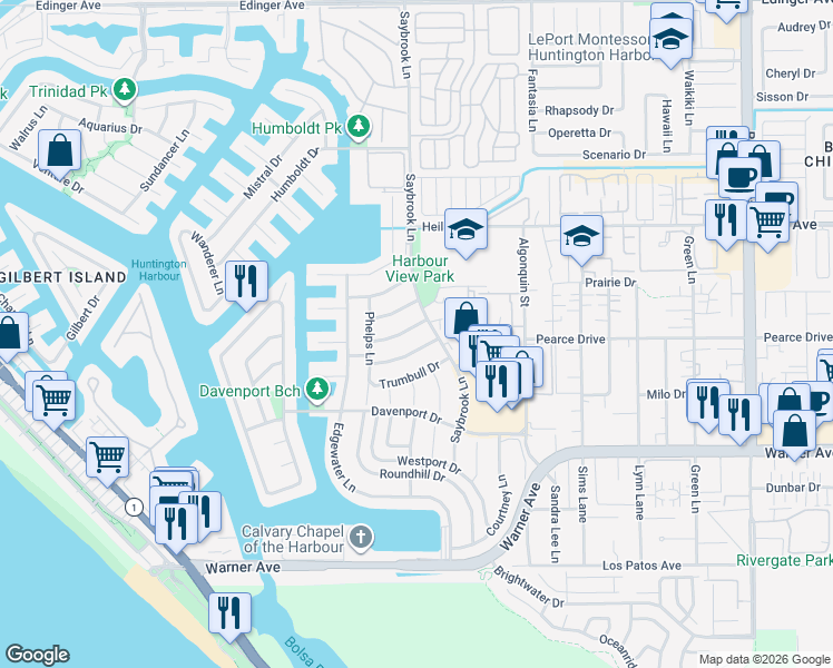 map of restaurants, bars, coffee shops, grocery stores, and more near 4232 Pierson Drive in Huntington Beach