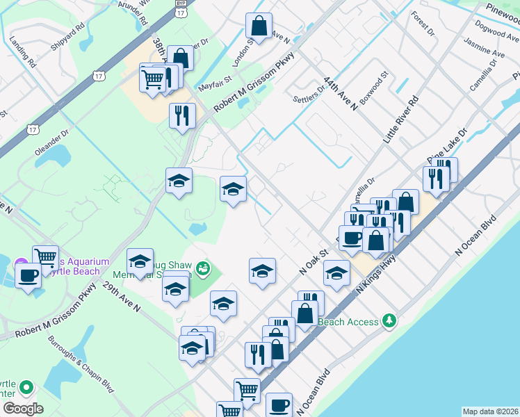 map of restaurants, bars, coffee shops, grocery stores, and more near 3786 Hitchcock Way in Myrtle Beach