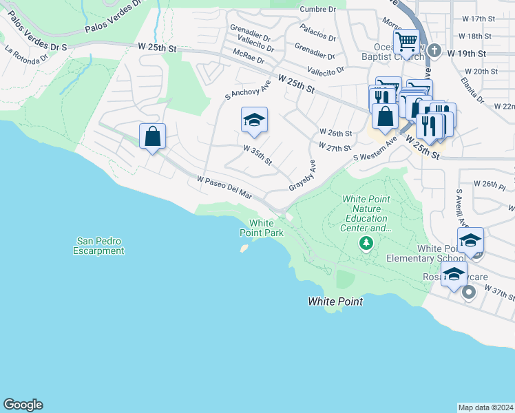 map of restaurants, bars, coffee shops, grocery stores, and more near 2105 West Paseo Del Mar in Los Angeles
