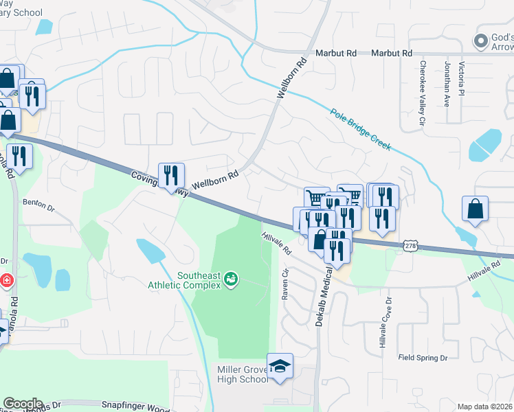 map of restaurants, bars, coffee shops, grocery stores, and more near 6556 Covington Highway in Lithonia