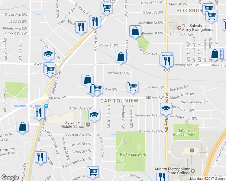 map of restaurants, bars, coffee shops, grocery stores, and more near 1315 Fairbanks Street Southwest in Atlanta