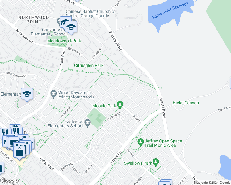 map of restaurants, bars, coffee shops, grocery stores, and more near 122 Cutlass in Irvine