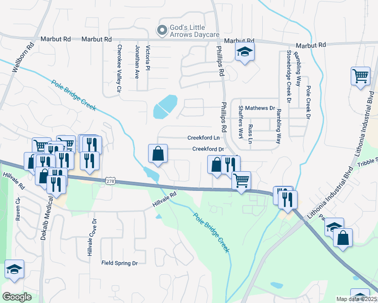 map of restaurants, bars, coffee shops, grocery stores, and more near 2353 Cragstone Court in Lithonia
