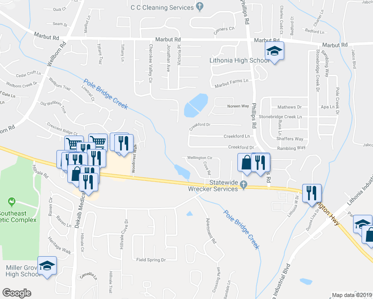 map of restaurants, bars, coffee shops, grocery stores, and more near 6177 Creekford Drive in Lithonia
