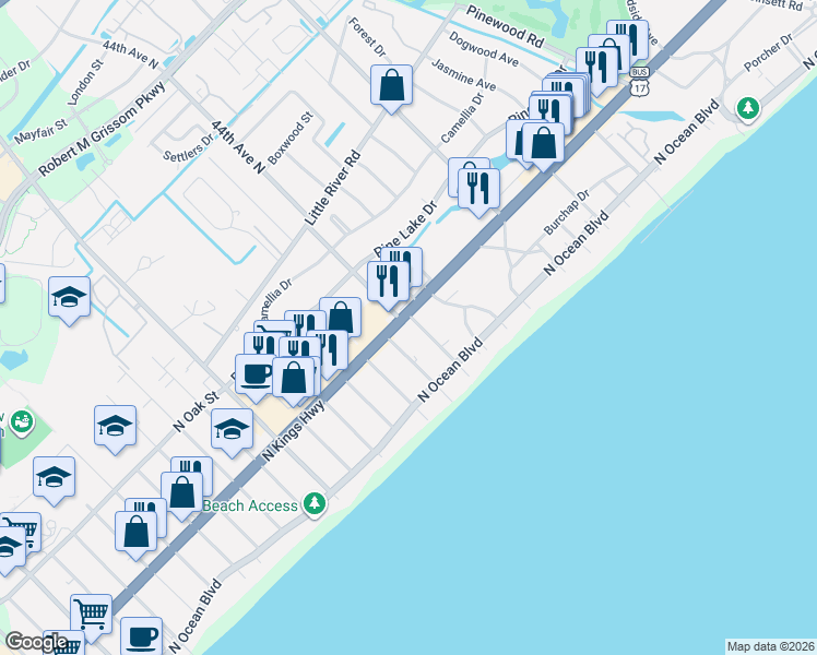 map of restaurants, bars, coffee shops, grocery stores, and more near 415 43rd Avenue North in Myrtle Beach