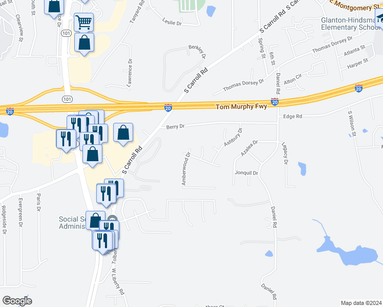 map of restaurants, bars, coffee shops, grocery stores, and more near 424 Ridgewood Drive in Villa Rica