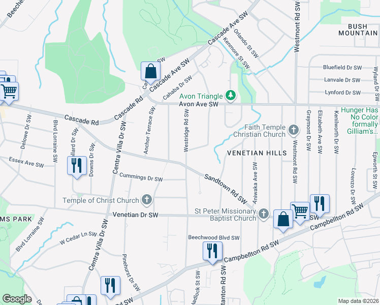 map of restaurants, bars, coffee shops, grocery stores, and more near 1345 Westridge Road Southwest in Atlanta