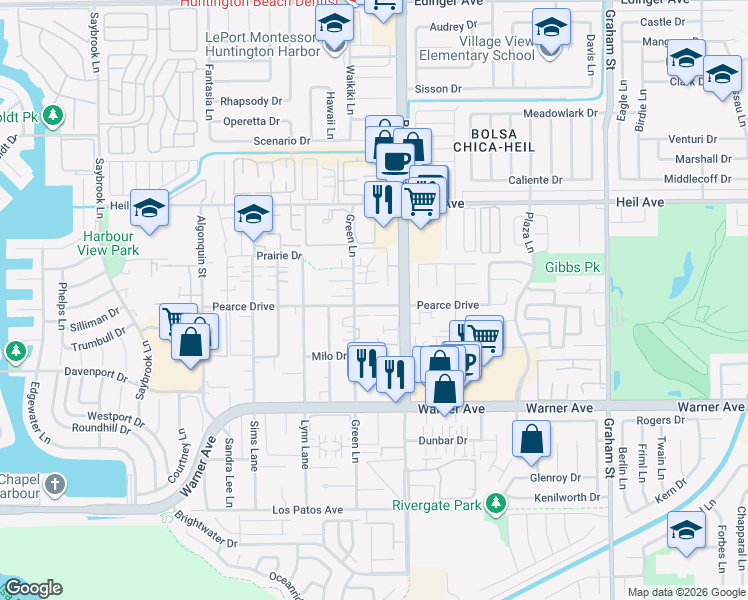 map of restaurants, bars, coffee shops, grocery stores, and more near 4923 Pearce Drive in Huntington Beach