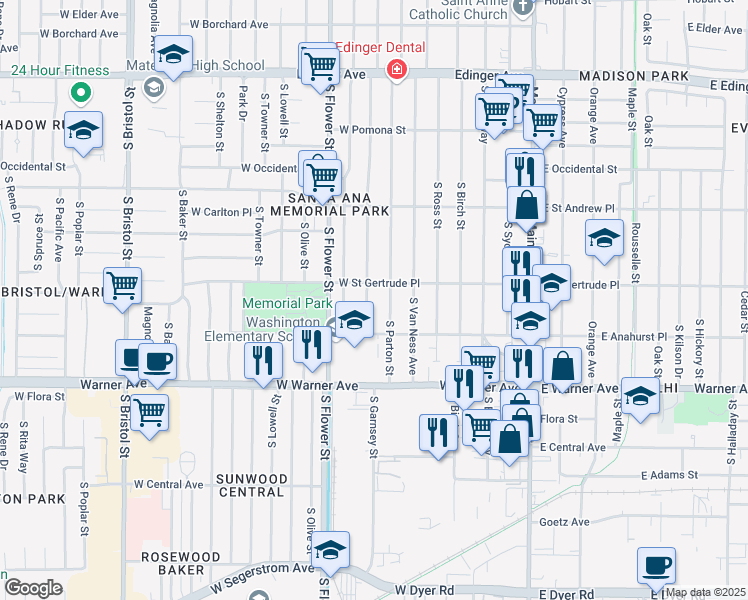 map of restaurants, bars, coffee shops, grocery stores, and more near 2115 South Garnsey Street in Santa Ana