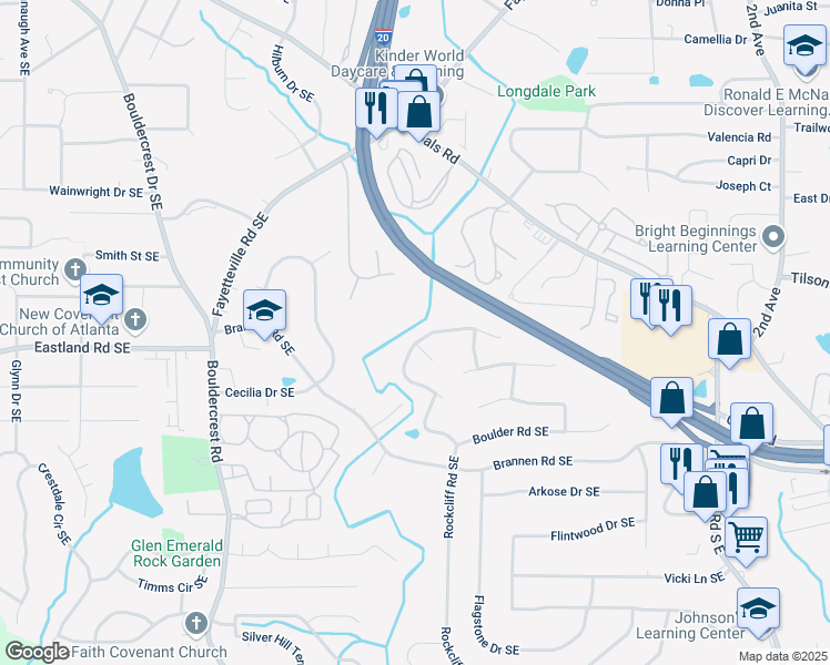 map of restaurants, bars, coffee shops, grocery stores, and more near 2405 Bouldercliff Way Southeast in Atlanta