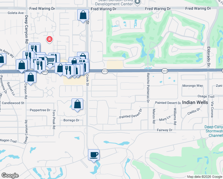 map of restaurants, bars, coffee shops, grocery stores, and more near 75194 Palisades Place in Indian Wells
