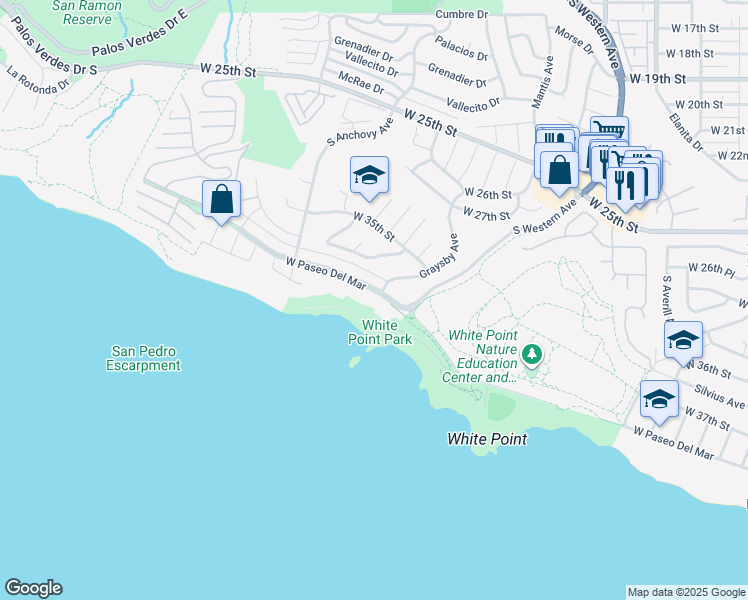 map of restaurants, bars, coffee shops, grocery stores, and more near 2105 West Paseo Del Mar in Los Angeles