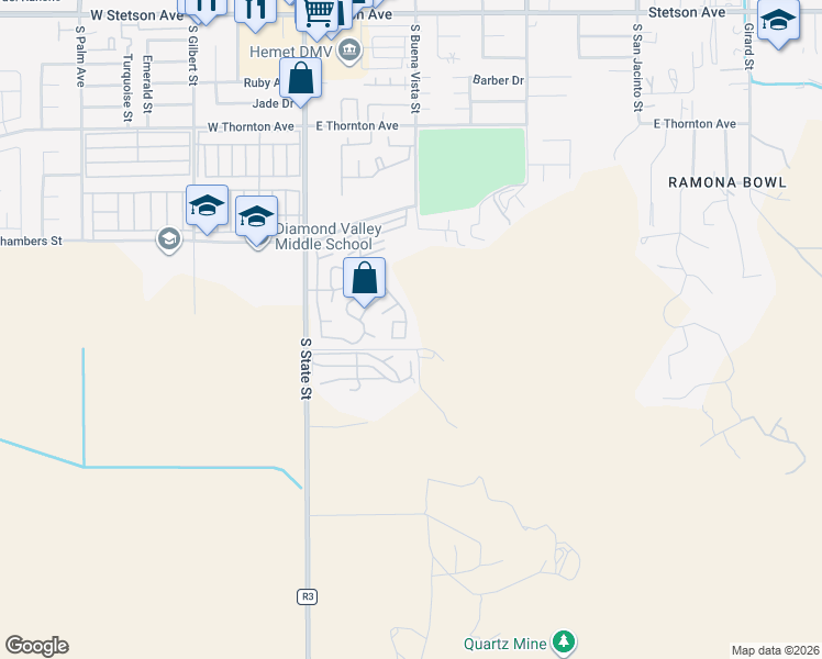 map of restaurants, bars, coffee shops, grocery stores, and more near 1536 South State Street in Hemet