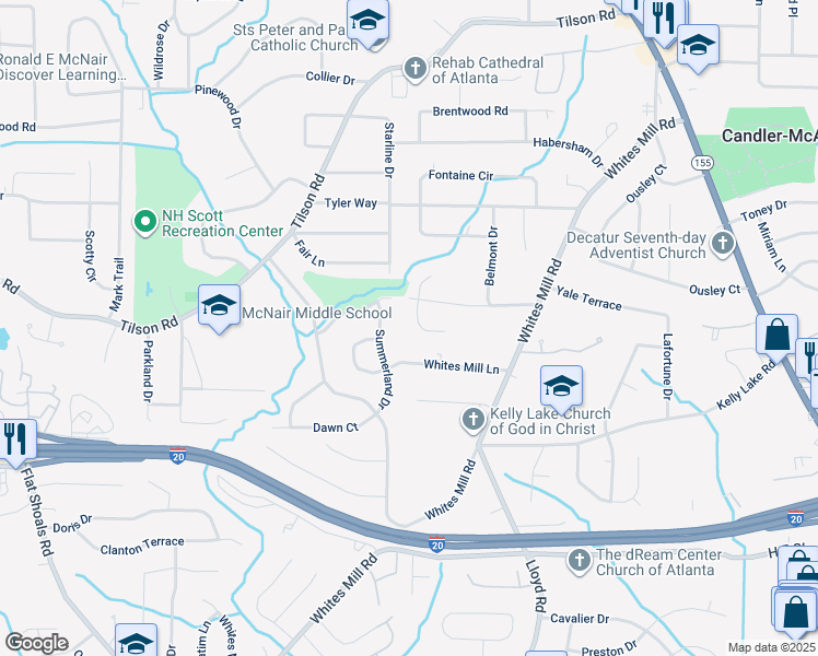 map of restaurants, bars, coffee shops, grocery stores, and more near 2464 Whites Mill Lane in Decatur