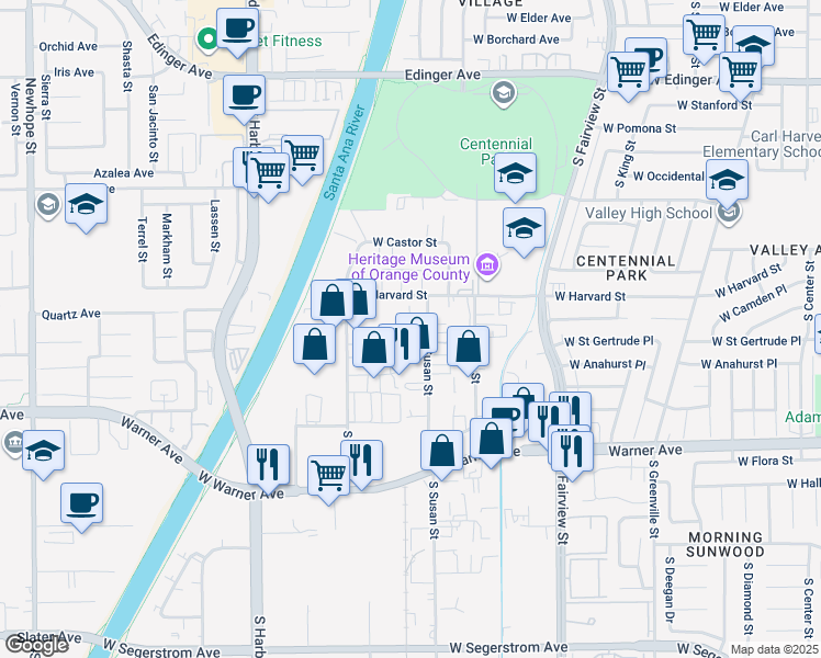 map of restaurants, bars, coffee shops, grocery stores, and more near 2020 South Susan Street in Santa Ana