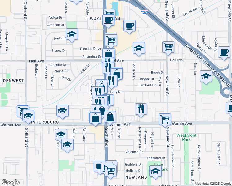 map of restaurants, bars, coffee shops, grocery stores, and more near 16791 Heritage Lane in Huntington Beach