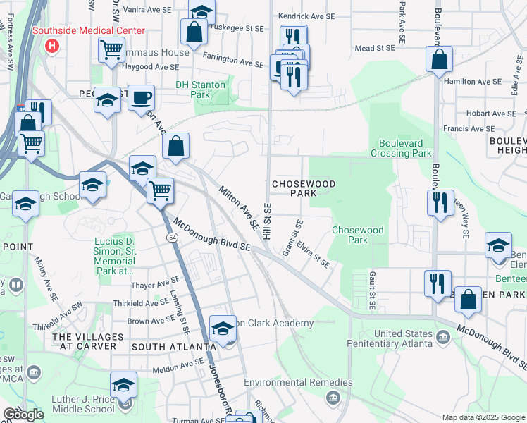map of restaurants, bars, coffee shops, grocery stores, and more near 1289 Hill Street Southeast in Atlanta
