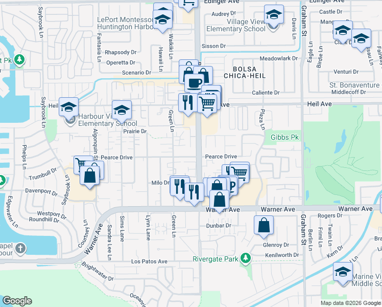 map of restaurants, bars, coffee shops, grocery stores, and more near 4961 Pearce Drive in Huntington Beach