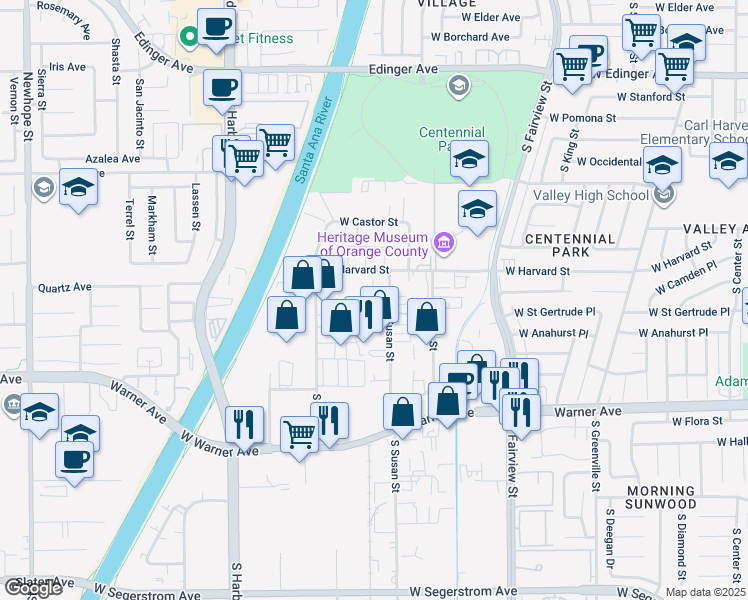 map of restaurants, bars, coffee shops, grocery stores, and more near 2020 South Susan Street in Santa Ana