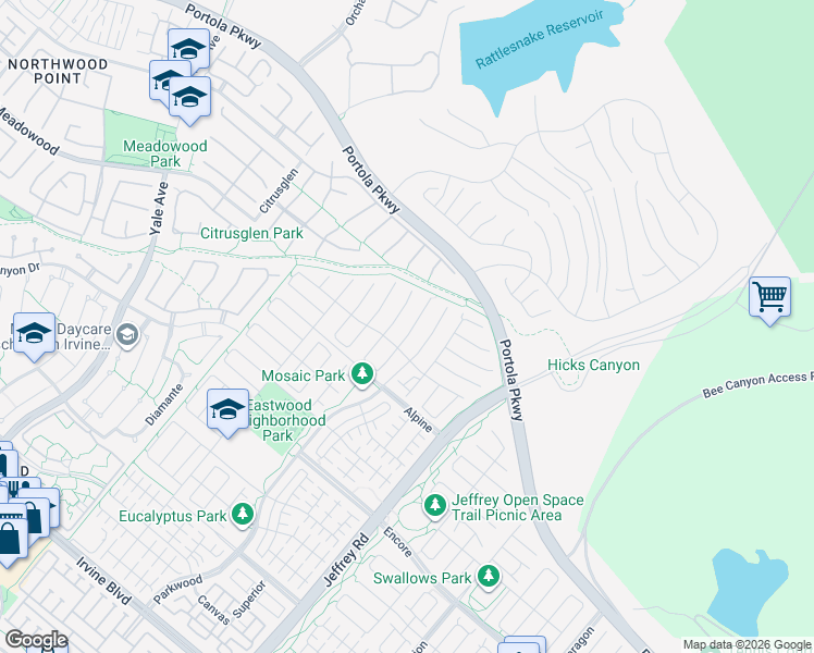 map of restaurants, bars, coffee shops, grocery stores, and more near 117 Parakeet in Irvine
