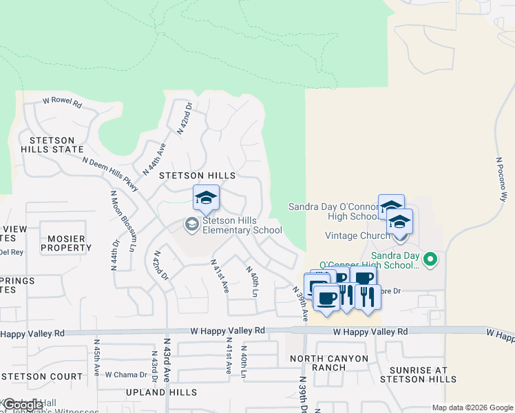 map of restaurants, bars, coffee shops, grocery stores, and more near 25452 North 40th Lane in Phoenix