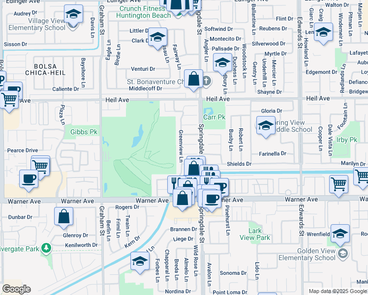 map of restaurants, bars, coffee shops, grocery stores, and more near 16771 Greenview Lane in Huntington Beach