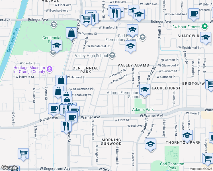 map of restaurants, bars, coffee shops, grocery stores, and more near 2410 West Saint Gertrude Place in Santa Ana