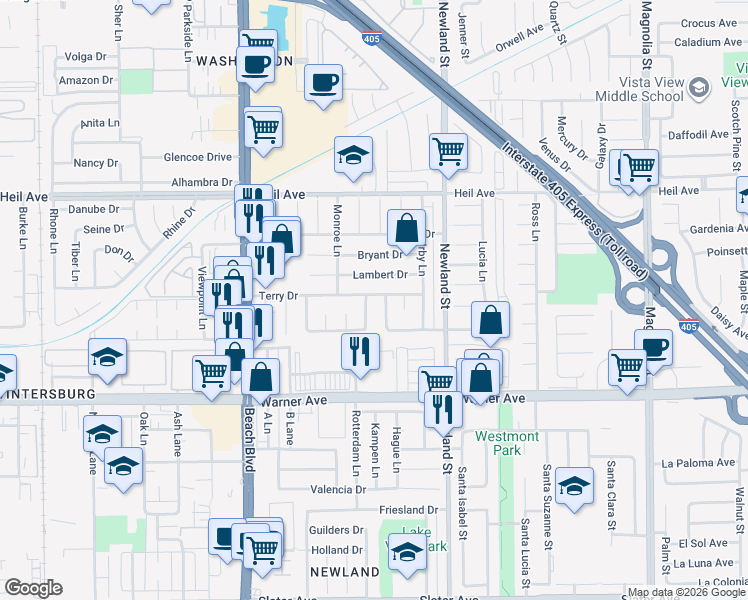 map of restaurants, bars, coffee shops, grocery stores, and more near 16792 Montclair Lane in Huntington Beach