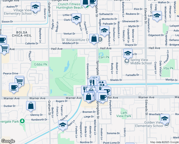 map of restaurants, bars, coffee shops, grocery stores, and more near 16771 Greenview Lane in Huntington Beach