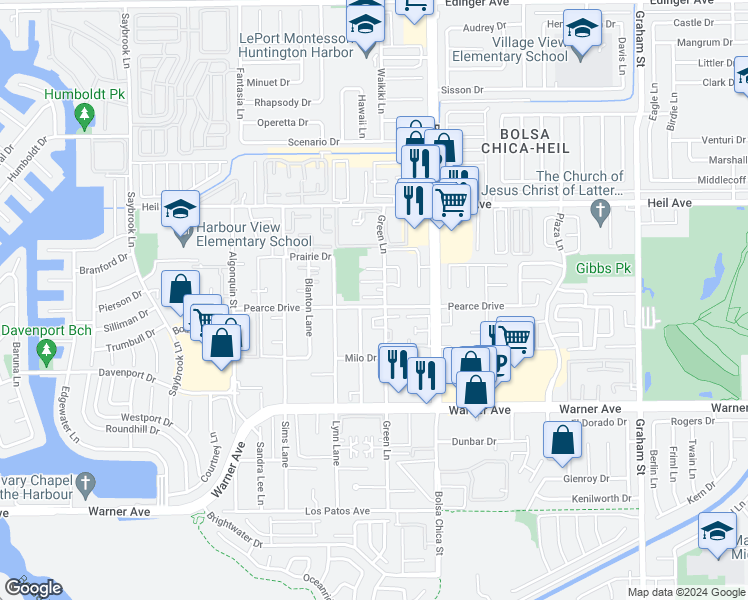 map of restaurants, bars, coffee shops, grocery stores, and more near 16761 Green Lane in Huntington Beach
