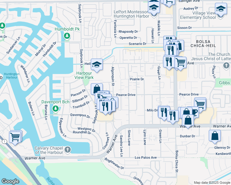 map of restaurants, bars, coffee shops, grocery stores, and more near 4485 Boardwalk Drive in Huntington Beach