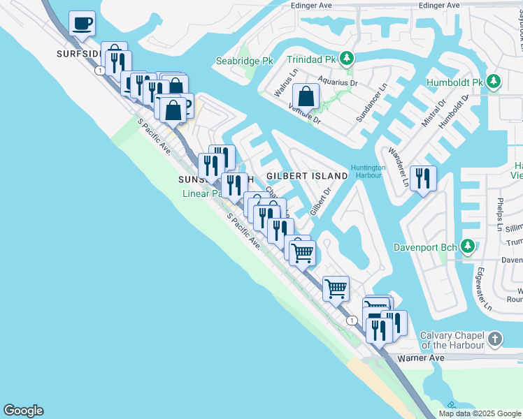 map of restaurants, bars, coffee shops, grocery stores, and more near in Huntington Beach