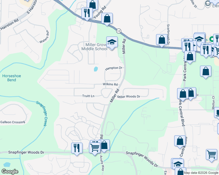 map of restaurants, bars, coffee shops, grocery stores, and more near 2473 Miller Oaks Circle in Decatur