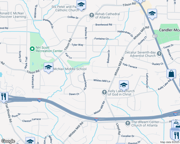 map of restaurants, bars, coffee shops, grocery stores, and more near 2464 Whites Mill Lane in Decatur