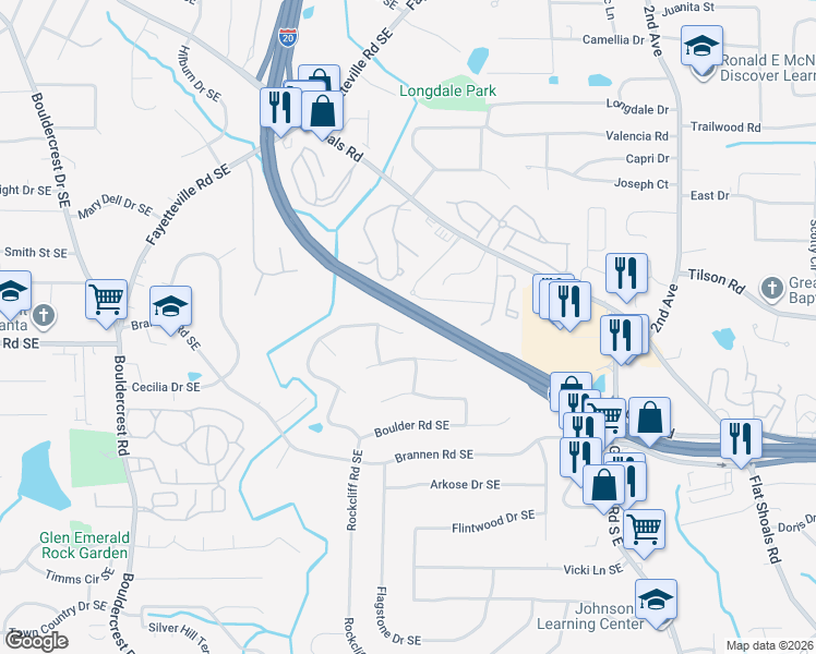 map of restaurants, bars, coffee shops, grocery stores, and more near 2309 Bouldercliff Way Southeast in Atlanta
