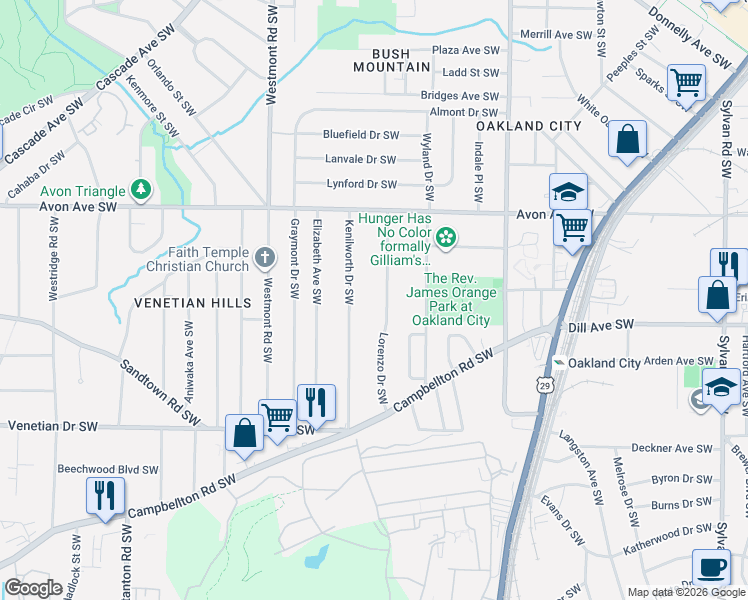 map of restaurants, bars, coffee shops, grocery stores, and more near 1340 Kenilworth Drive Southwest in Atlanta