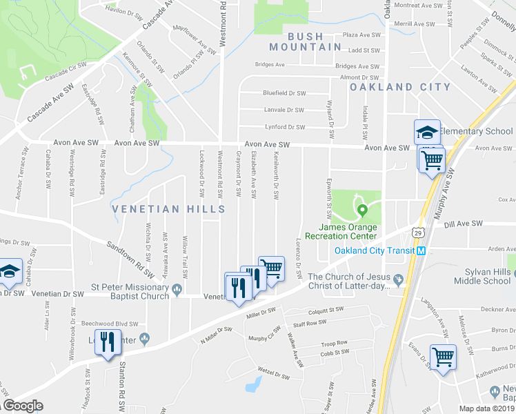 map of restaurants, bars, coffee shops, grocery stores, and more near 1324 Elizabeth Avenue Southwest in Atlanta