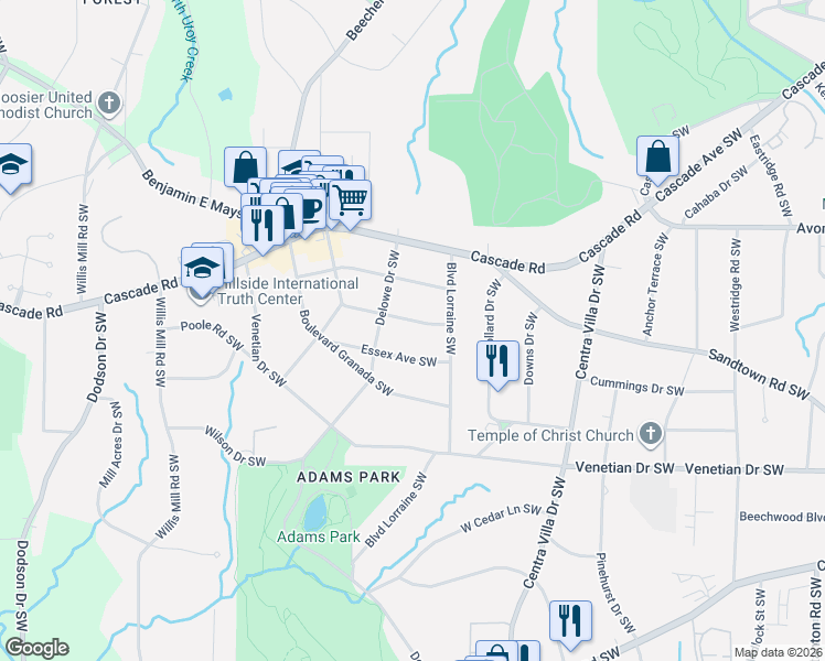 map of restaurants, bars, coffee shops, grocery stores, and more near 2153 Essex Avenue Southwest in Atlanta