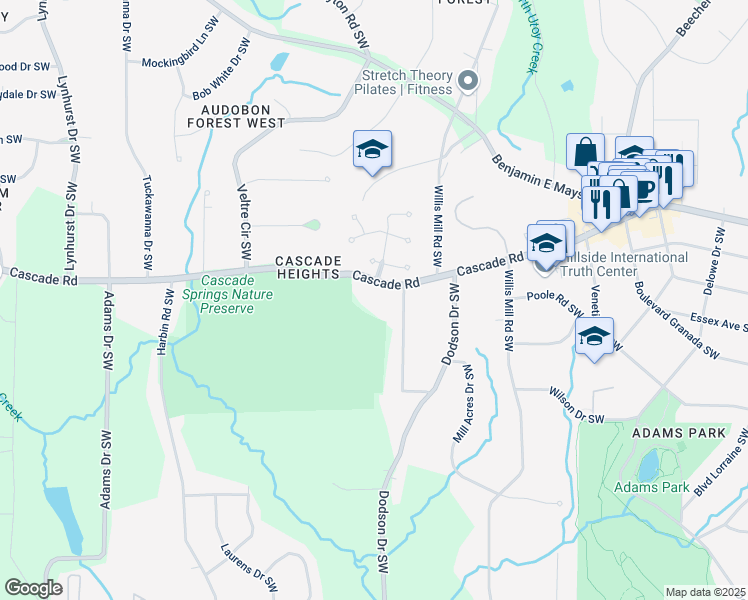 map of restaurants, bars, coffee shops, grocery stores, and more near 2670 Cascade Road in Atlanta
