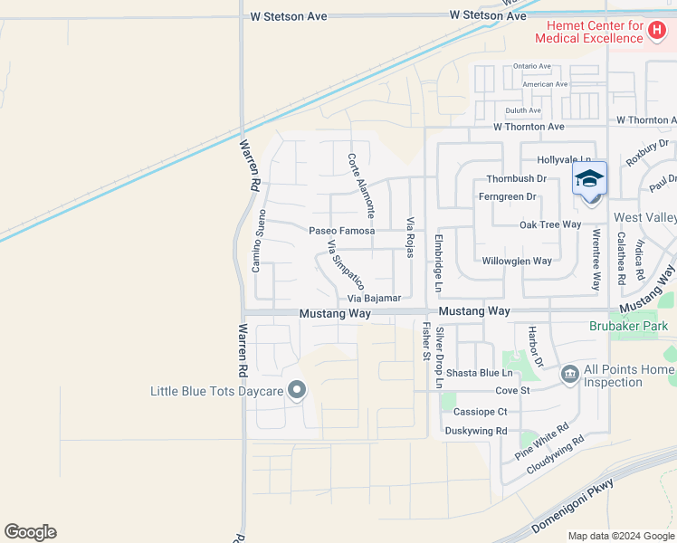 map of restaurants, bars, coffee shops, grocery stores, and more near 1639 Via Simpatico in Hemet
