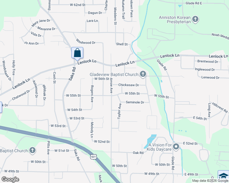 map of restaurants, bars, coffee shops, grocery stores, and more near 400 West 55th Street in Anniston