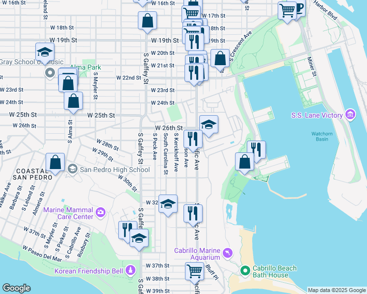 map of restaurants, bars, coffee shops, grocery stores, and more near 2721 South Denison Avenue in San Pedro